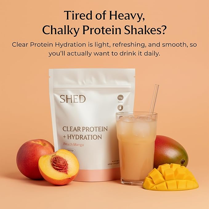 Clear Protein Powder with Electrolytes by Shed, 15g Whey Protein Isolate, Low Calorie and Lactose Free, Light and Clean Hydration Drink, Bloat-Free Post Workout Supplement, Peach Mango (15 Servings)