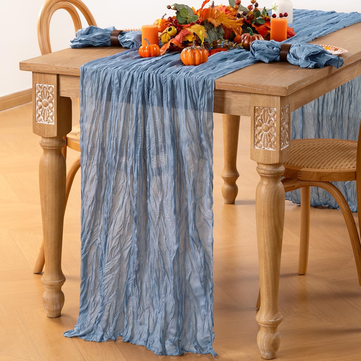 MLMC Dusty Blue Table Runner 10ft Boho Gauze Blue Cheesecloth Table Runner Rustic Fall Cheese Cloth Centerpiece 35x120 Inches for Wedding Bridal Shower Baby Shower Party Decor