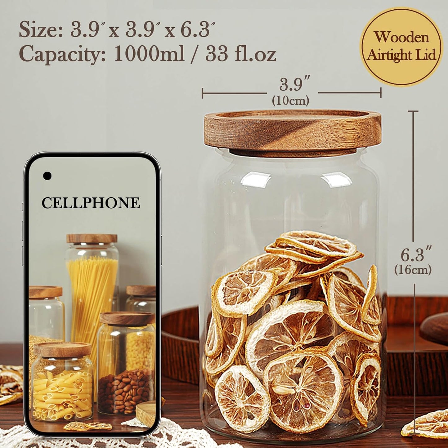 Labina Glass Storage Container Airtight Food Jars Kitchen Canister with Wood Lids, 33 Oz Wide Mouth Pantry Organization Glass Jar for Flour, Sugar, Cookie, Spagetti, Nuts and Candy