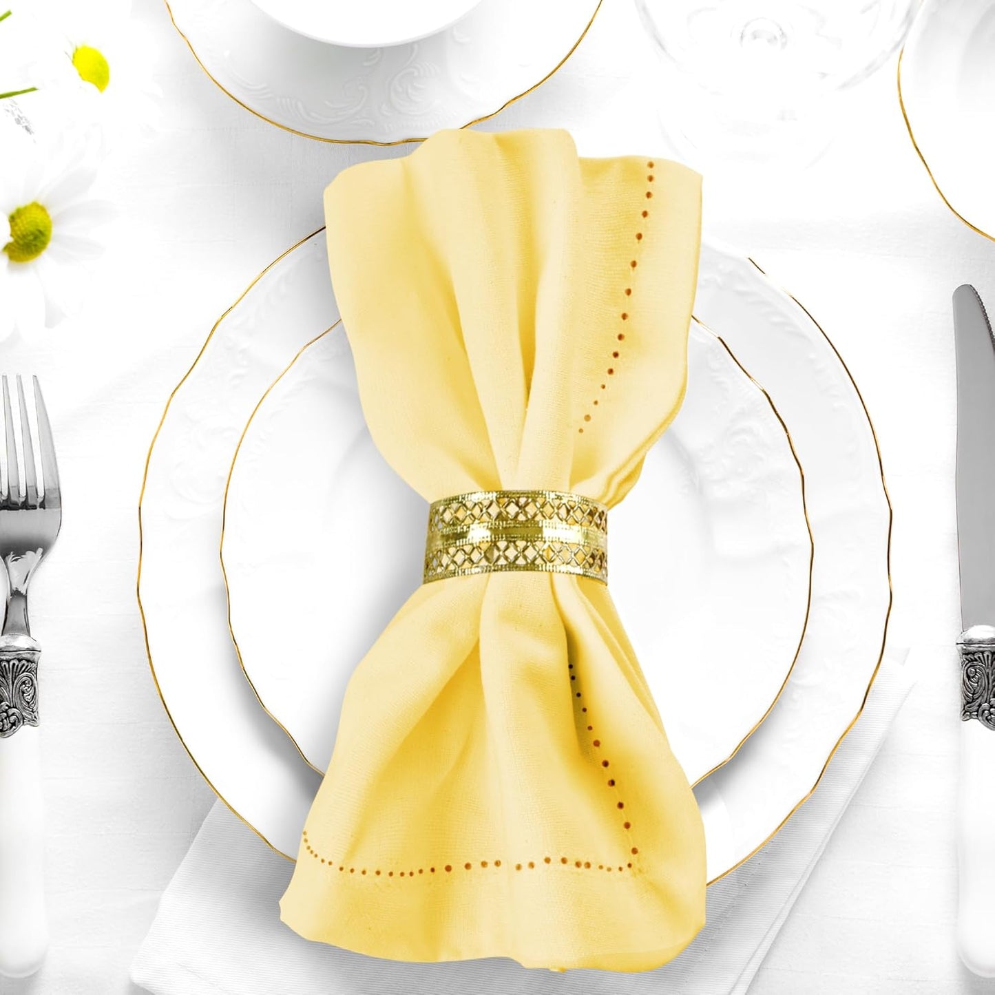 Urban Villa Fall Cloth Napkins Hemstitch Solid Yellow 100% Cotton Absorbent Dinner Napkins (Set of 12) 20x20 Inches Soft Durable Washable Reusable Ideal for Everyday Use Wedding Parties Thanks Giving