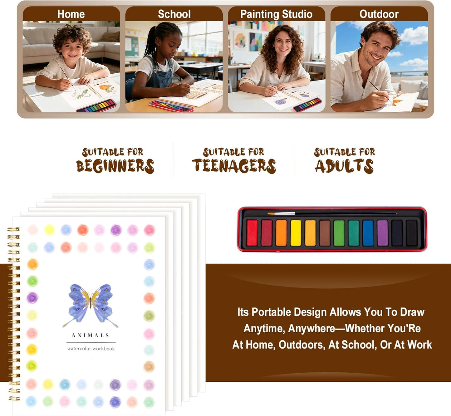 Kivzex Watercolor Workbook for Adults, Beginner Friendly Watercolor Painting Kit Animals Water Coloring Book, Nature-Themed Practice Art Gift Water Color Paint Book with Palette and Brush