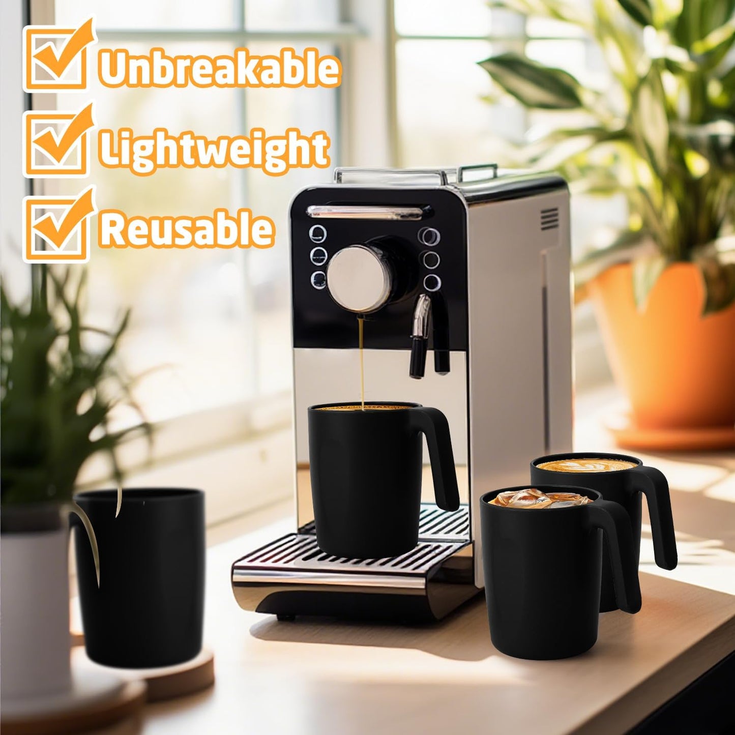 Wheat Straw Coffee Cups 16 OZ, Plastic Coffee Mugs with Handles, Lightweigt &Unbreakable Coffee Mugs Set of 6, Microwave & Dishwasher Safe Drinking Cups for Tea, Camping, Kitchen - Black