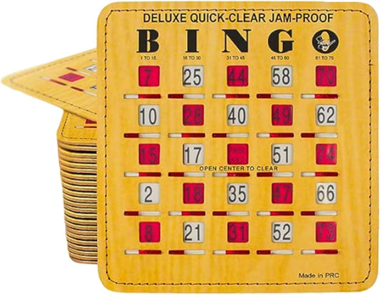 MR CHIPS Jam-Proof Quick-Clear Deluxe Fingertip Slide Bingo Cards with Sliding Windows 50 Pack in Woodgrain Style