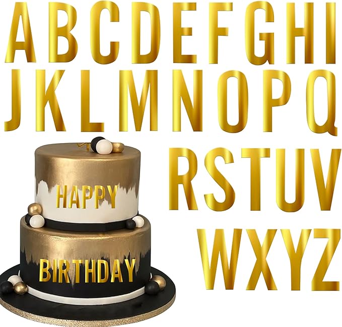 Rsstarxi 2 Pack Golden Alphabet Cake Topper A-Z Mirrored Acrylic Letters Cake Pick Personalized Name DIY Cake Decorations for Baby Shower Wedding Birthday Anniversary Party Cake Supplies