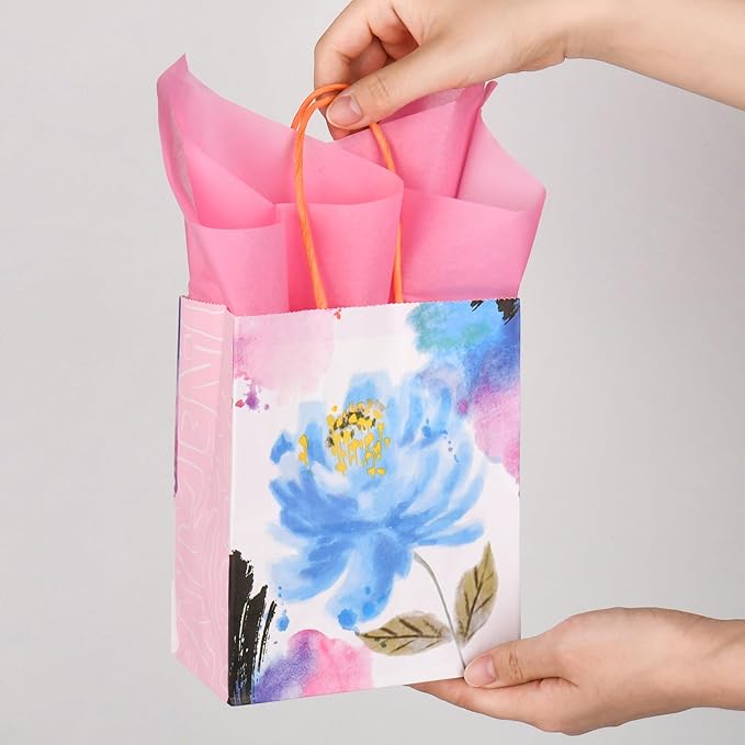 24 Pack Mini Watercolor Floral Paper Gift Bags Small Pink Party Favor Bags with Handles and Tissue Paper for Wedddings, Bridal Baby Showers, Birthdays, Valentines, Mother's Day, 6.5x5.5x3 Inch