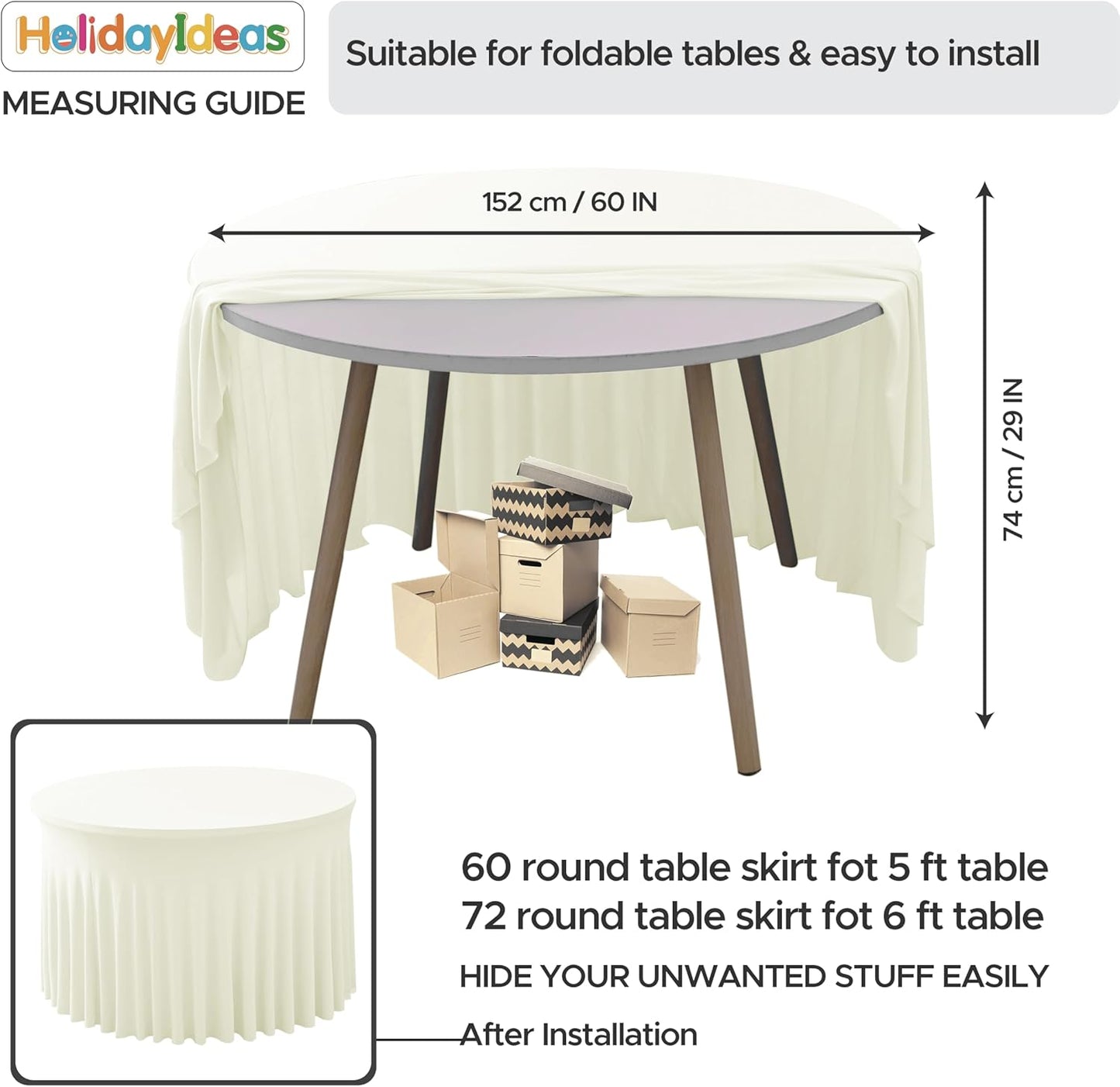 HolidayIdeas 60 Inch Beige Spandex Round Table Skirts,Fitted Stretch Tablecloths for Round 5 ft Table, Wrinkle-Free Ruffle Design Tablecloths for Banquets,Wedding,Trade Shows, Parties, Events, 6 Pcs