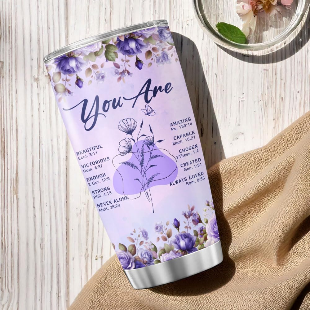 Christian Faith Tumbler for Women with Bible Verses, Inspirational Floral Design, 20oz Stainless Steel Insulated Cup, Religious Gift for Birthday, Encouragement, Spiritual Uplift