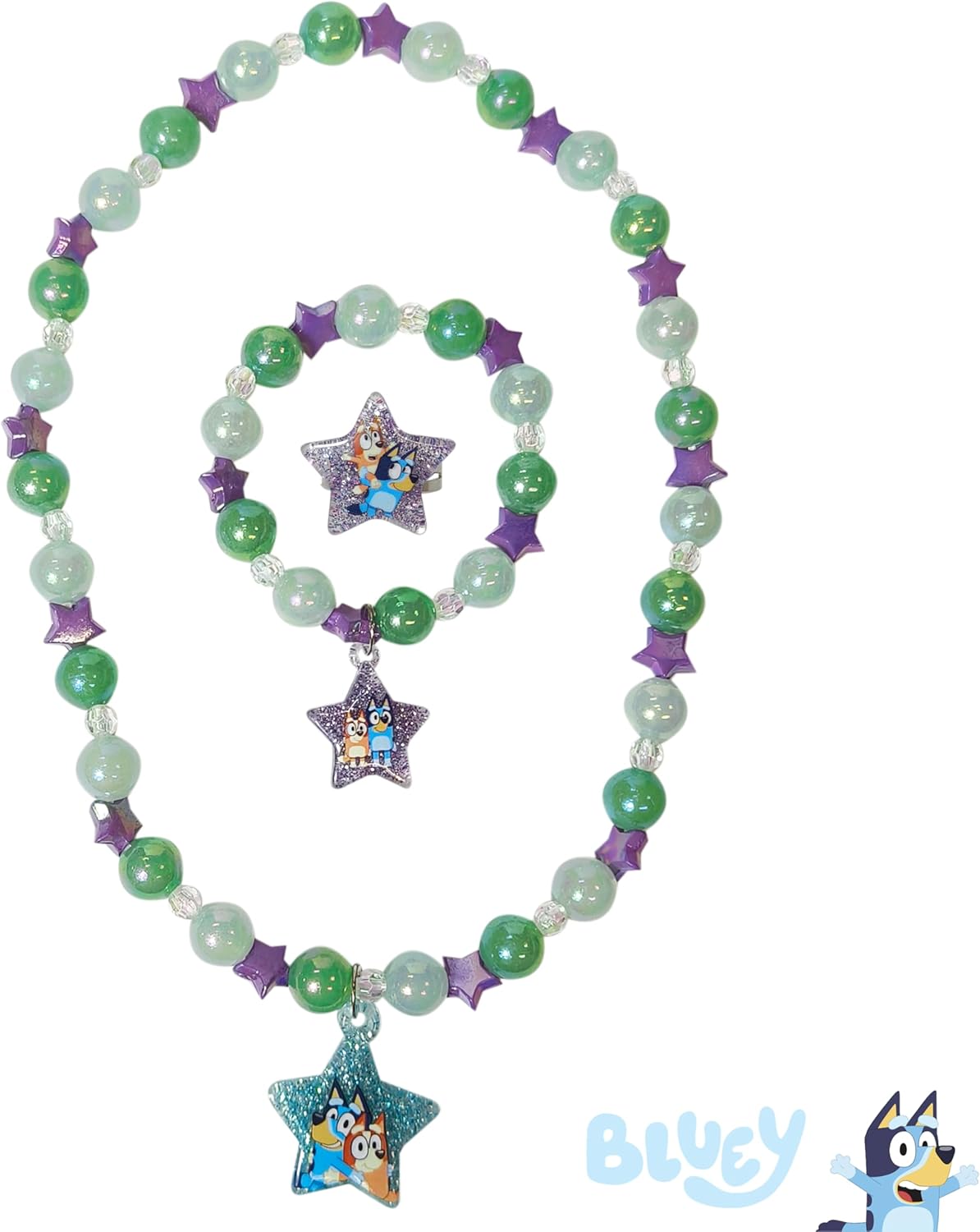 LUV HER Bluey Girl's Jewelry Set - Dress up Toy Jewelry Box Set with Bead Necklace, Bracelet and Ring - Play Accessories - Ages 3+