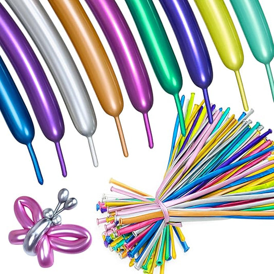 Metallic 260 long balloons 100 Pack Multicolored Twisting Animal Balloons Modeling Long Magic Balloons for DIY Animal Model Wedding Birthday Festival Party Decorations(Metallic long Balloons Assorted)