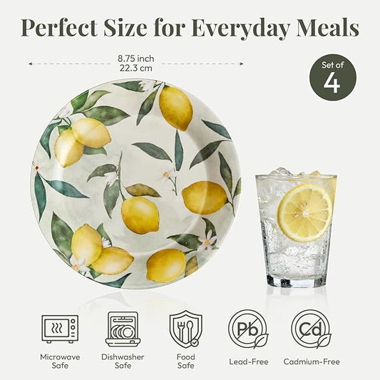 Bico Lemon Dreams Salad Plates Set of 4, 8.75 Inch Ceramic Dessert Plates for Salad, Appetizer, Side Dishes, Microwave and Dishwasher Safe, Gift for Housewarming and Thanksgiving