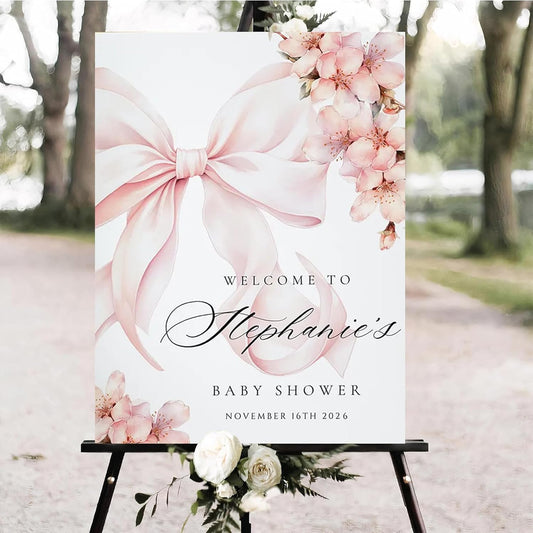 Personalized Pink Bow Baby Shower Welcome Sign, Custom Minimalist Bow Baby Girl Party Sign, Baby's Shower Gifts, Birthday Gifts, Gender Reveal Decorations, Newborn Announcement Party Supplies - 24