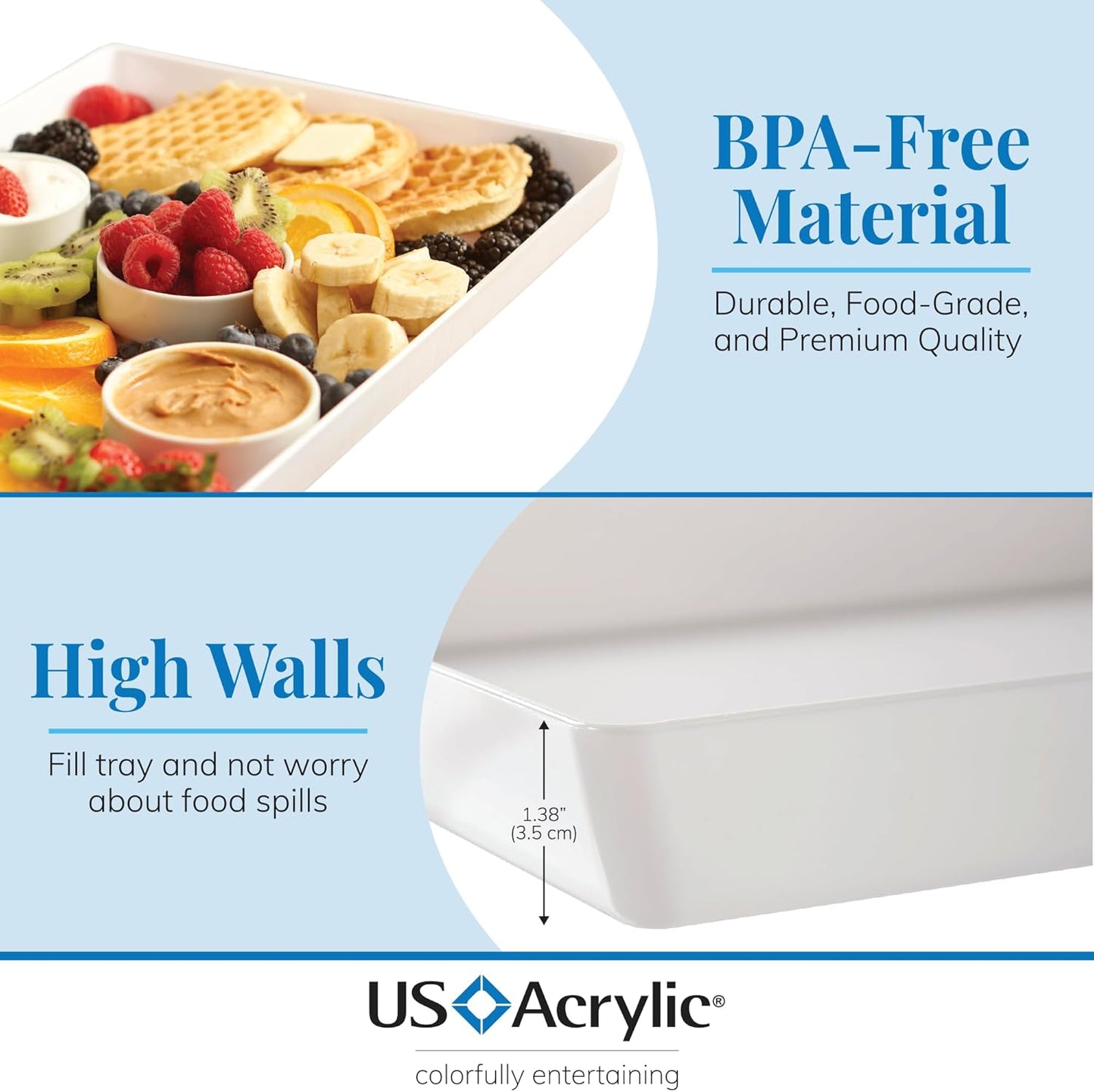 US Acrylic Avant White Plastic Serving Trays (Set of 3) 15” x 10” | Large Reusable Rectangular Party Platters | Serve Appetizers, Fruit, Veggies, & Desserts | BPA-Free & Made in USA