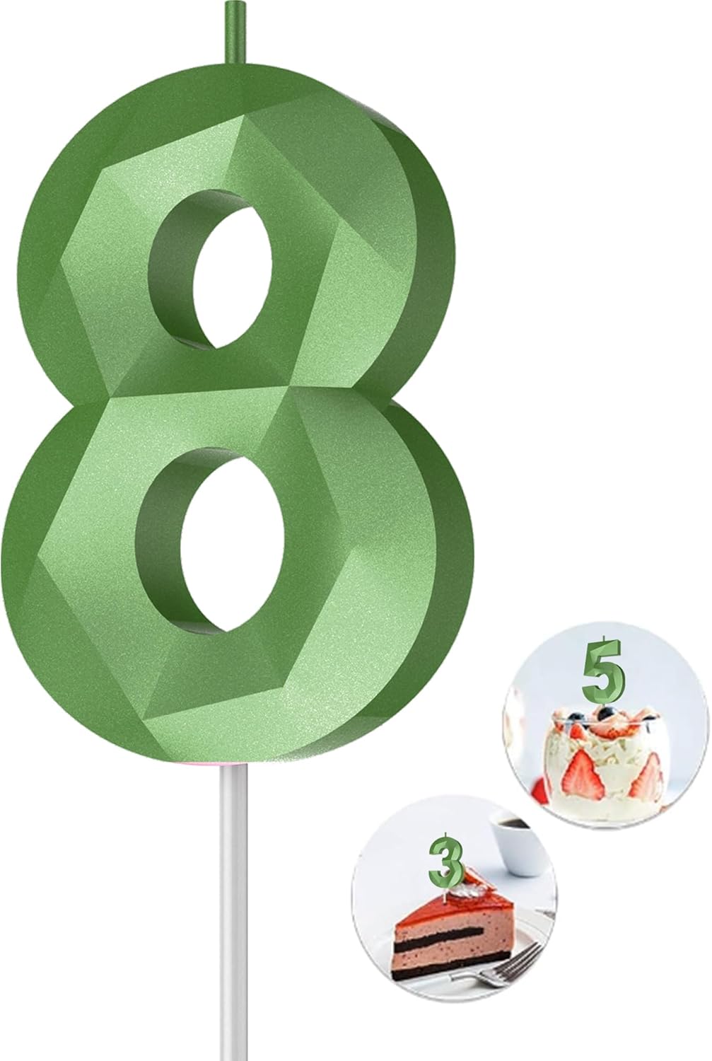Number Birthday Candles(8 Candle Green) 3D Diamond Shape Number Happy Birthday Cake Candles for Birthday Party Wedding Decoration Reunions Theme Party