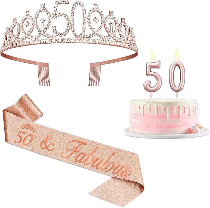 50th Birthday Decoration for Women with Rose Gold Sash, Tiara,Numbers Candles, Sincere 50th Birthday Gifts for Women