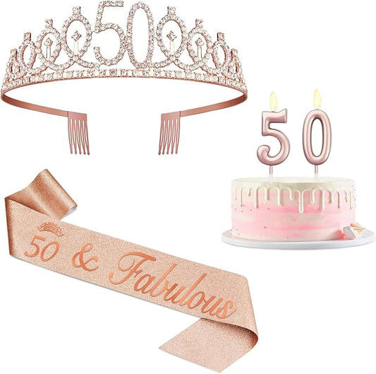 50th Birthday Decoration for Women with Rose Gold Sash, Tiara,Numbers Candles, Sincere 50th Birthday Gifts for Women