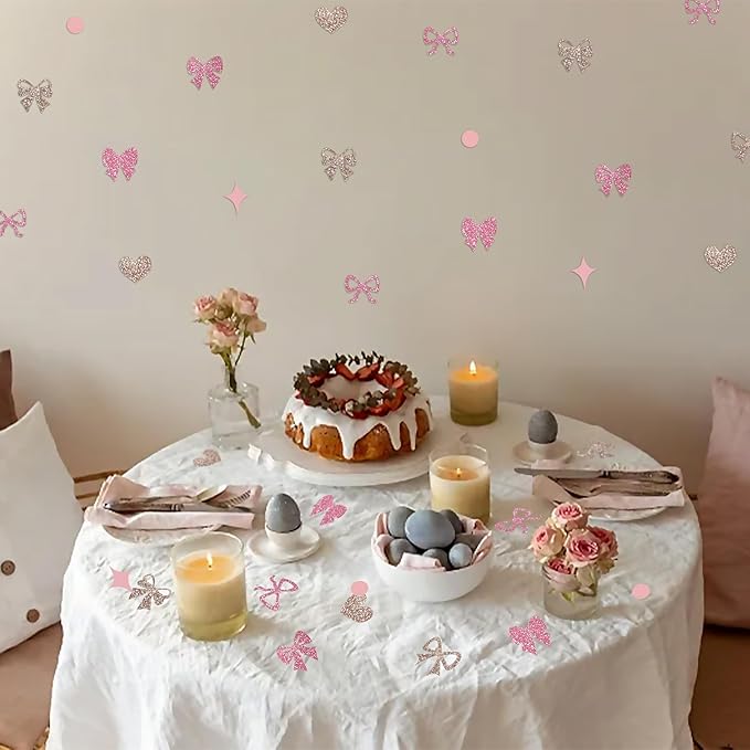 240 Pcs Pink Bow Confetti, Bow Theme Glitter Table Scatter for Coquette Baby Shower and Bachelorett Party Decoration (champagne)