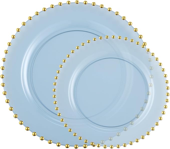 PLASTICPRO 128 Piece Combo Plastic Dinner Plates Disposable Plastic Fancy Heavy Duty Party Dishes 7 inch and 10 inch, Translucent Blue and Gold Beaded