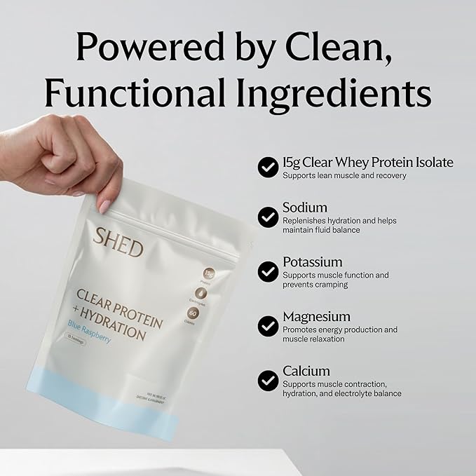 Clear Protein Powder with Electrolytes by Shed, 15g Whey Protein Isolate, Low Calorie and Lactose Free, Light and Clean Hydration Drink, Bloat-Free Post Workout Supplement, Blue Razz (15 Servings)