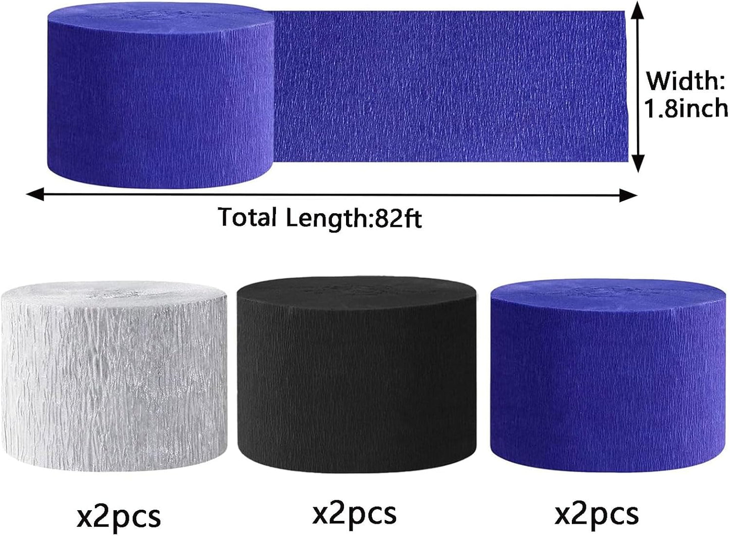 We Moment Black and Blue Silvery Crepe Paper Streamers Party Streamer 1.8 Inch Widening 6 Rolls,Black Blue Party Decorations Streamer 82 feet per roll for Birthday Party Decorations