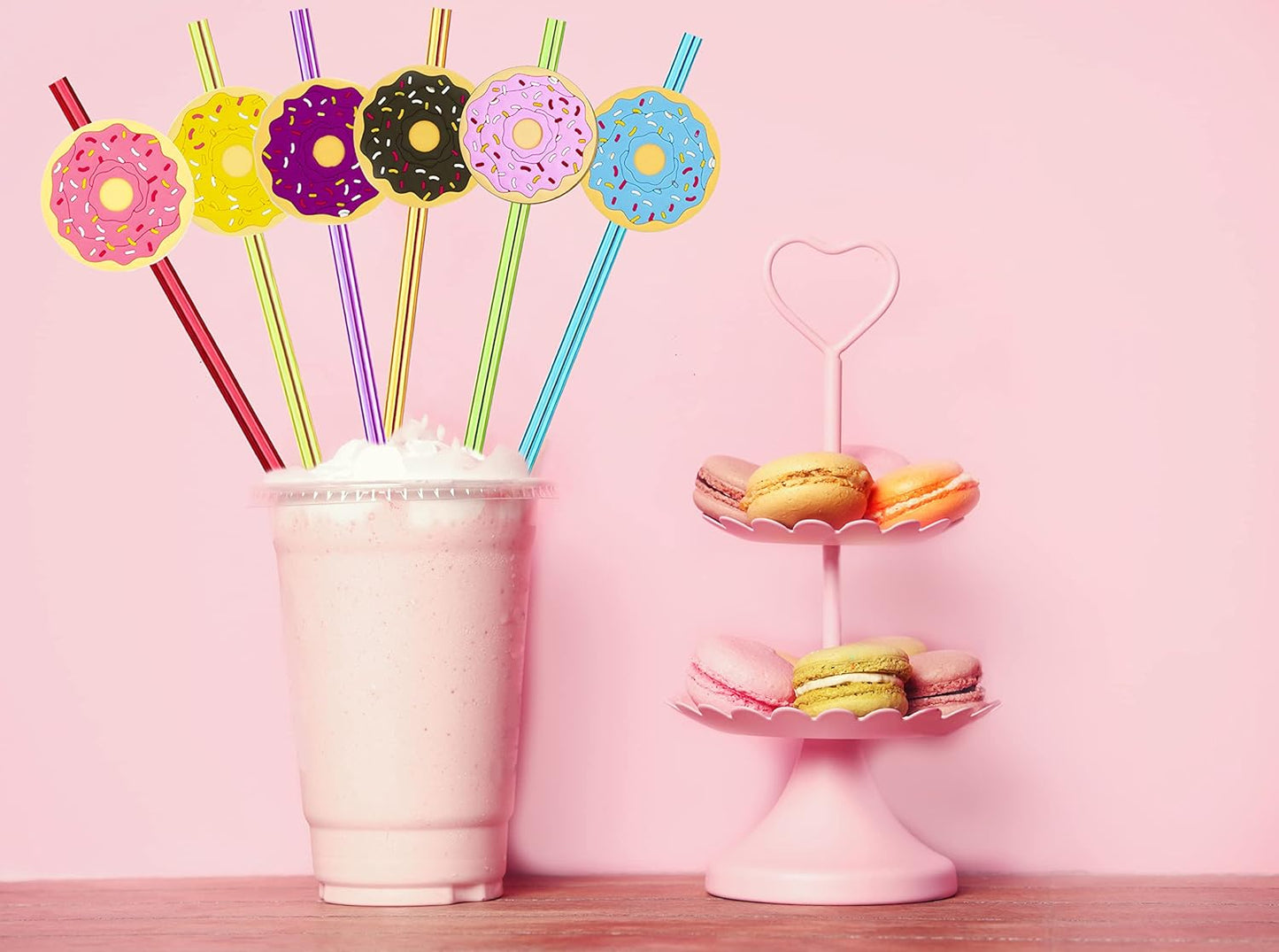 24pcs Reusable Donut Crazy Rainbow Straws for Birthday Party Supplies Party Decorations Party Favor with 2 Cleaning Brushes 6 Colors Straws