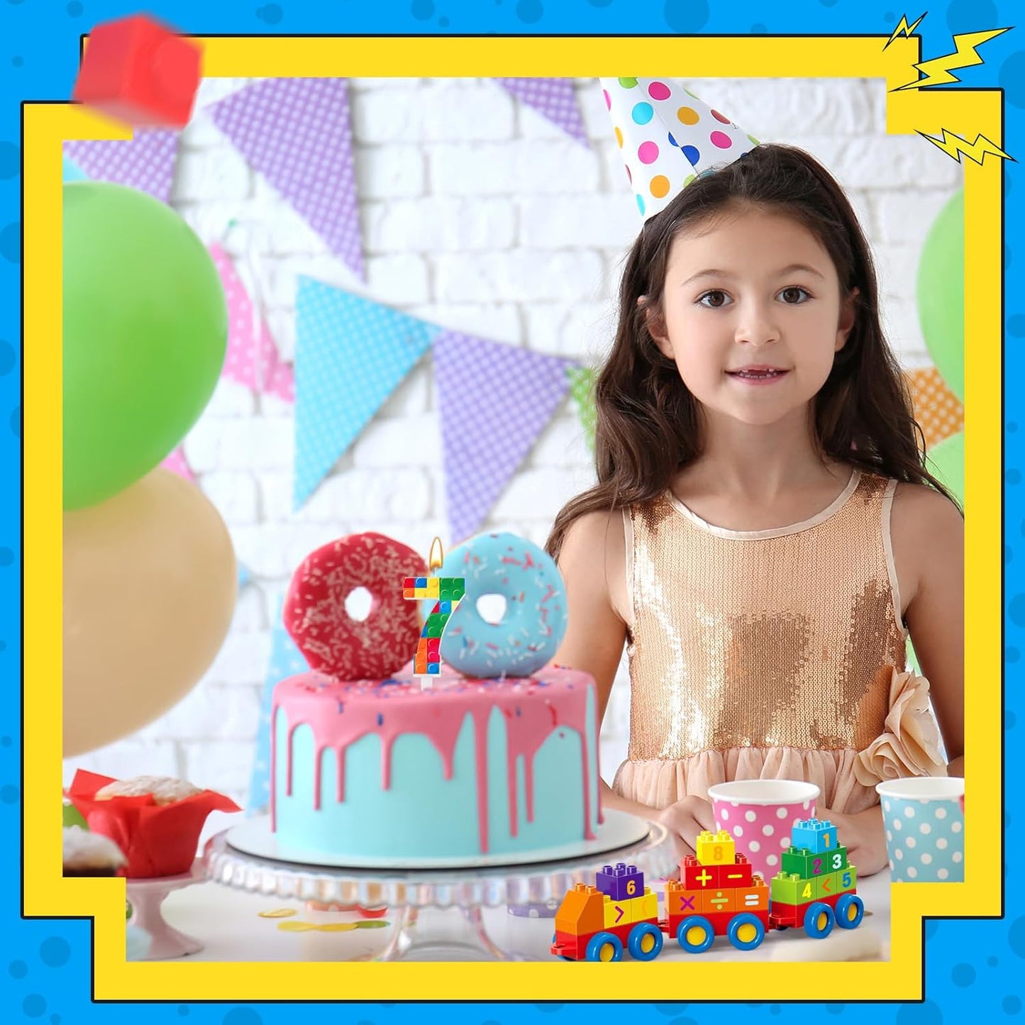 Building Block Themed Birthday Candle Number 7 Candle Birthday Party Decoration Cake Topper for Building Block Party Decoration Theme Party Supplies (Number 7)