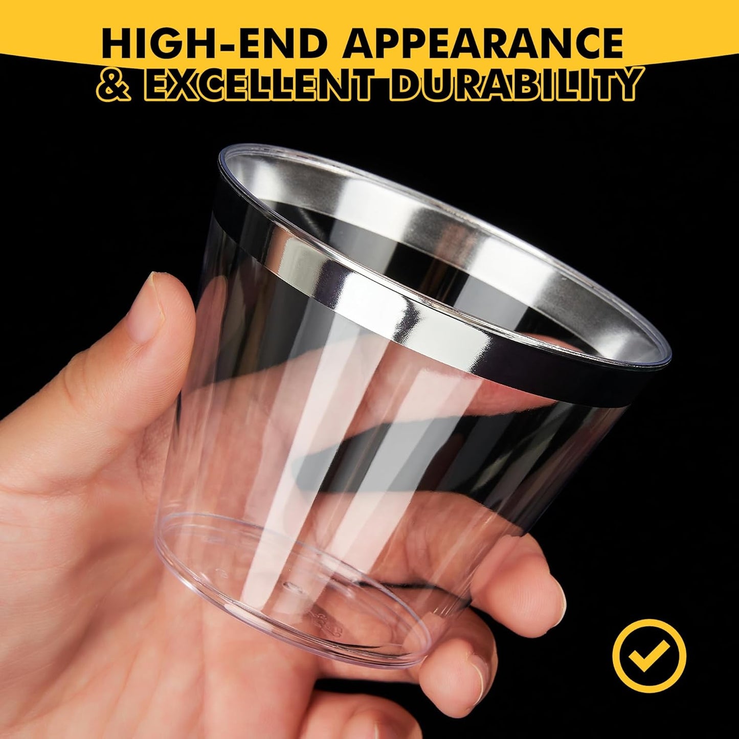 RACETOP 200 Pack 9 oz Silver Plastic Cups Tumbler, Disposable Cups with Silver Rim for Party, Heavy-duty Clear Plastic Wine Glasses, Disposable Wedding Cups