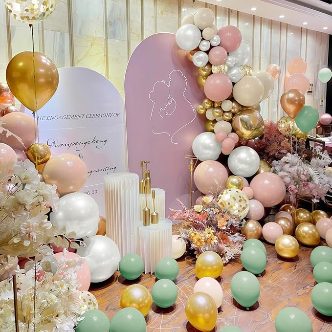 MEBAY Pastel Green Pink White Gold Balloon Arch Kit, 147PCS Fog Green Light Pink White Sand Gold Metallic and Confetti Balloons Garland for Baby Shower Gender Reveal Wedding Party Decoration