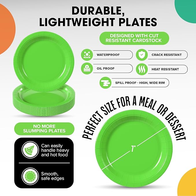 Exquisite Party Solids Lime Green Paper Plates Disposable Heavy Duty 7 Inch Lime Green Disposable Plates For Party 100 Pcs Heavy Duty 350 GSM, Birthday Supplies