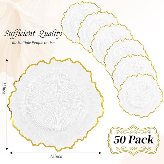 50 Pack Clear Charger Plates Bulk, 13" Plastic Reef Chargers for Dinner Plates, Round Charger Plate with Gold Rim Floral Reef Design for Dinner Wedding Party Table Setting Decoration