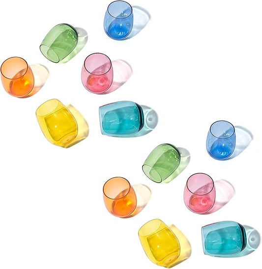 KX-WARE Unbreakable 18-ounce Acrylic Stemless Wine Glasses All Purpose Plastic Tumbler, set of 12 Multicolor Dishwasher Safe BPA Free Classic Style