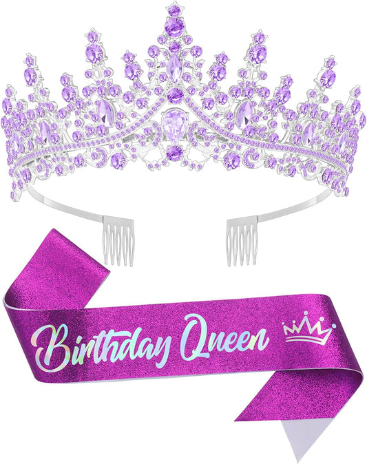 Birtthday Tiara Crown with Sash for Women Birthday Queen Party