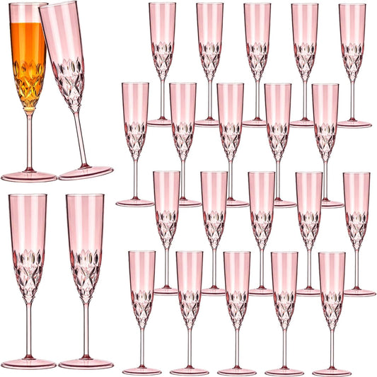 24 Pack Plastic Champagne Flutes, Shatterproof Reusable Fancy Crystal Clear Champagne Glasses, 5 oz Acrylic Unbreakable Elegant Party Drinking Cocktail Wine Glasses Wedding Birthday Bar Goblets Pink