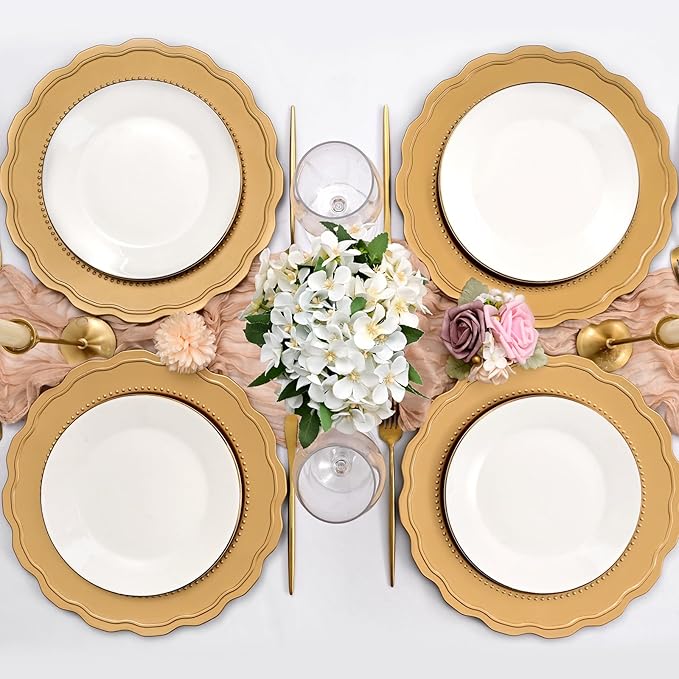 36 Pcs Gold Charger Plates with Wavy Edges, 13 Inch Round Bulk Charger Plate,Elegant Reusable Plastic Dinner Chargers Plates for Wedding Holiday Party Baby Shower Event Decoration (Gold)