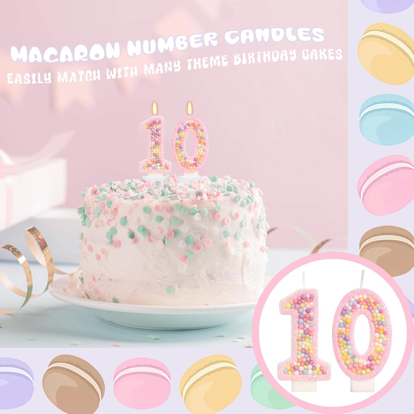 Pink Birthday Candles - Number 10 Candle, Colorful Macaron Candles, 10 Birthday Decorations for Girls Sweet Theme Party Supplies (Pink)
