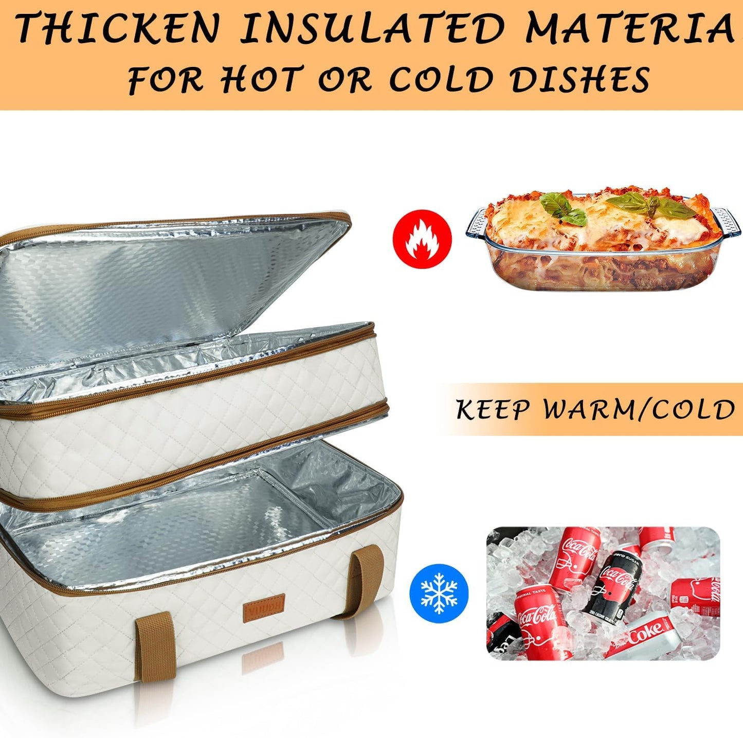 Vuudh Quilted Insulated Double Casserole Carrier - Thermal Lunch Tote for Potluck Parties, Picnic, Beach, Fits 9 x 18 Inches Baking Dish, Casserole Dish, Expandable (Beige)