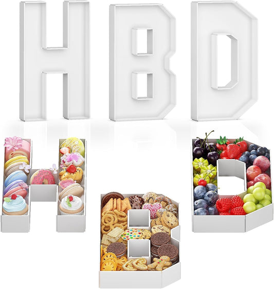 3 Pcs Charcuterie Letters Fillable, HBD Cardboard Letters for Charcuterie, White HBD Letters for Food Chocolate Cupcake Candy, Paper Mache Letter Trays for Birthday Anniversary Decorations