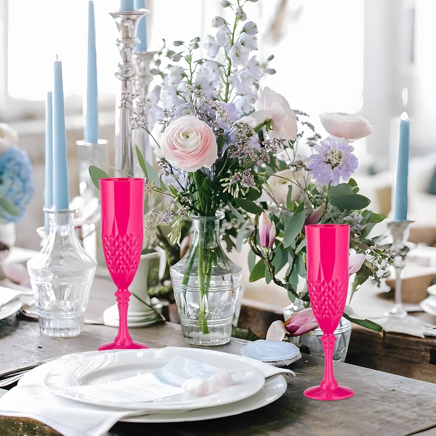 Plastic Champagne Flutes,Wine Glasses Goblets Set of 12,Mimosa Bar Shatterproof Reusable Vintage Champagne Flutes Stemmed Drinking Cups for Weddings, Bachelor Parties, Toasting,Cava, Prosecco(12,Pink)