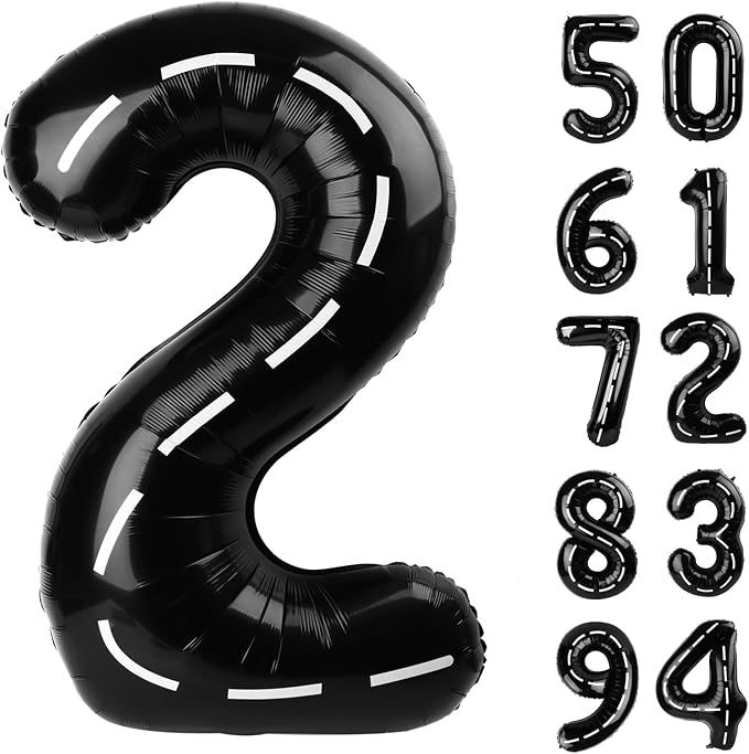 Race Car 2 Balloon, Two Number Balloons 40 Inch, 2nd Black Balloon Number Birthday Decorations, Second Two Birthday Party Supplies, Number 2 Balloon