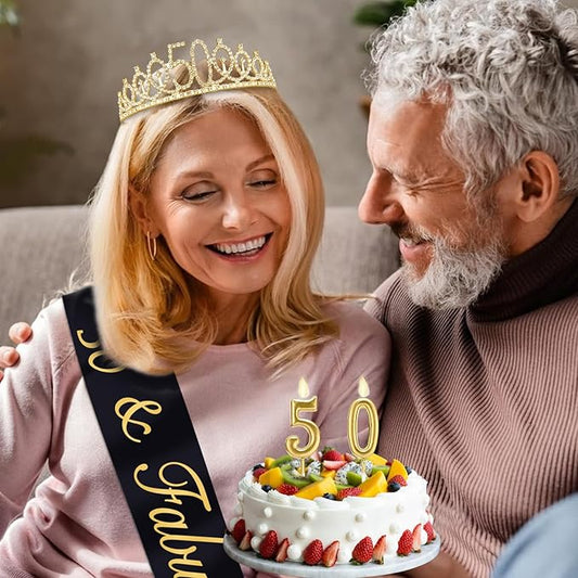 50th Birthday Decorations for Women with Crown, Sash, Candles for Womens 50th Birthday Decorations Gold and Black
