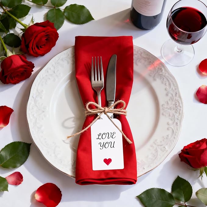 joycraft 100pcs Blank Gift Tags with String, 4x2 in White Paper Tags with Foil Red Heart, Personalized Gift Wrapping Labels for Birthday, Baby Shower, Wedding, Valentine's Day