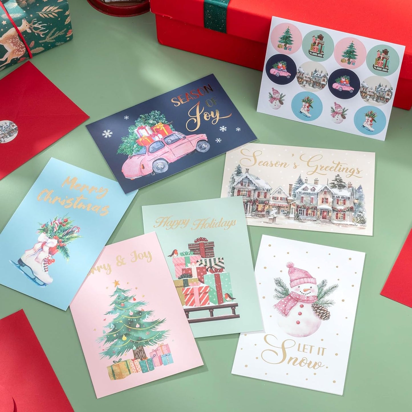 Christmas Cards, 36 Pack Merry Christmas Cards with Envelopes & Stickers, 4x6 Inch Holiday Card, 6 Assorted Designs Greeting Card for Xmas