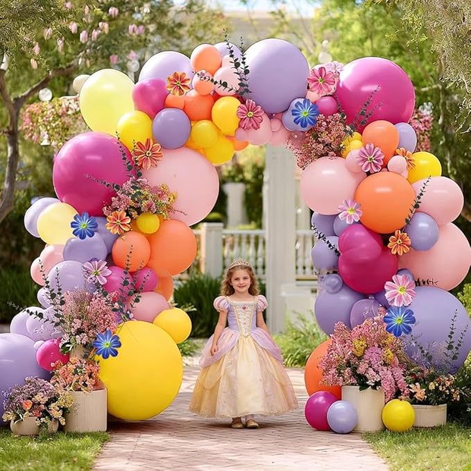 Hot Pink Purple Balloon Arch Double Stuffed Balloons with Cosmos Artificial Flowers Eucalyptus Leaves Pastel Yellow Peach Magenta Latex Garland for Wildflower Birthday Baby Shower Wedding Party Decor