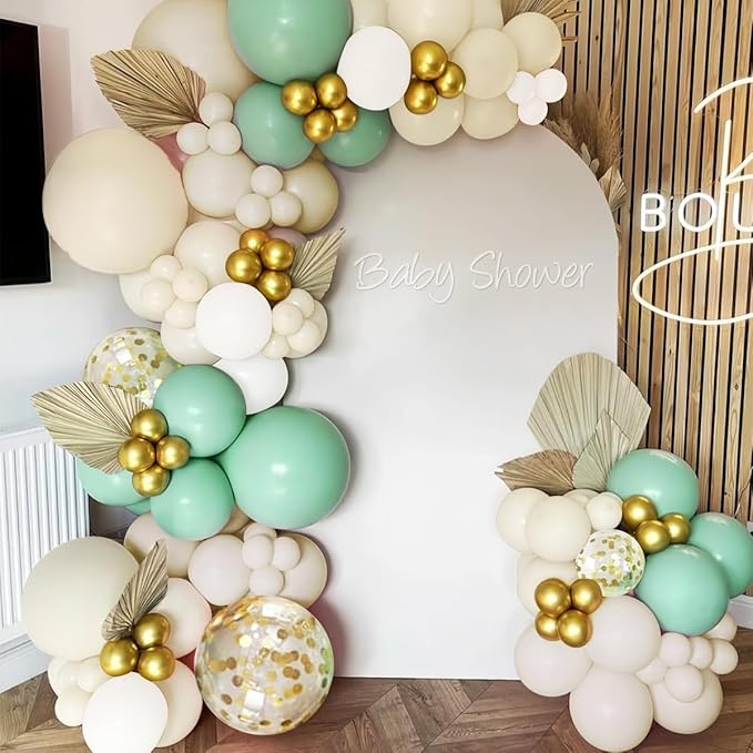 MEBAY Pastel Green Pink White Gold Balloon Arch Kit, 147PCS Fog Green Light Pink White Sand Gold Metallic and Confetti Balloons Garland for Baby Shower Gender Reveal Wedding Party Decoration
