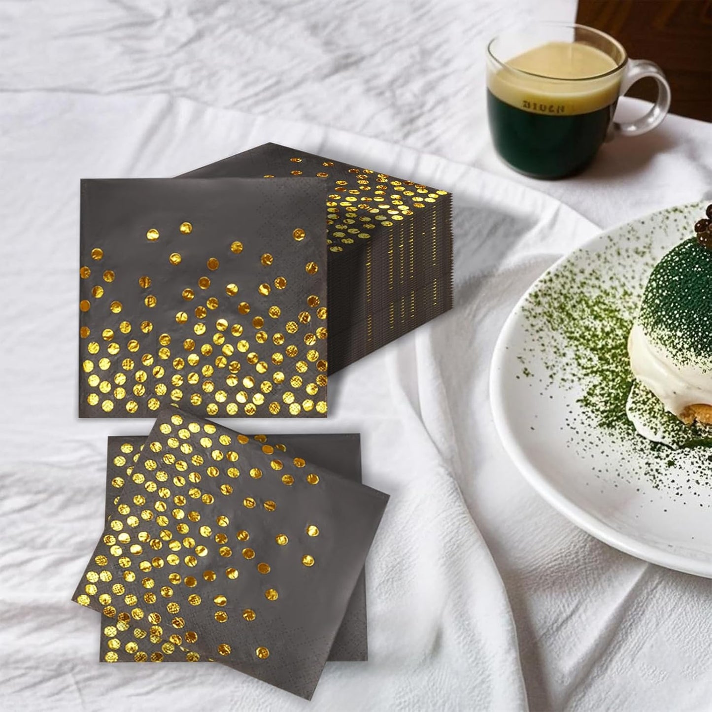 100 Pcs 6.5x6.5 Inch Disposable Black Gold Dot Paper Napkins
