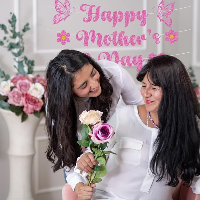Happy Mother's Day Banner Set Decoration for Mother's Day Party Decorations Backdrop Garland for Mom Mother's Day Glitter Garland Photo Props (Pink Butterfly)