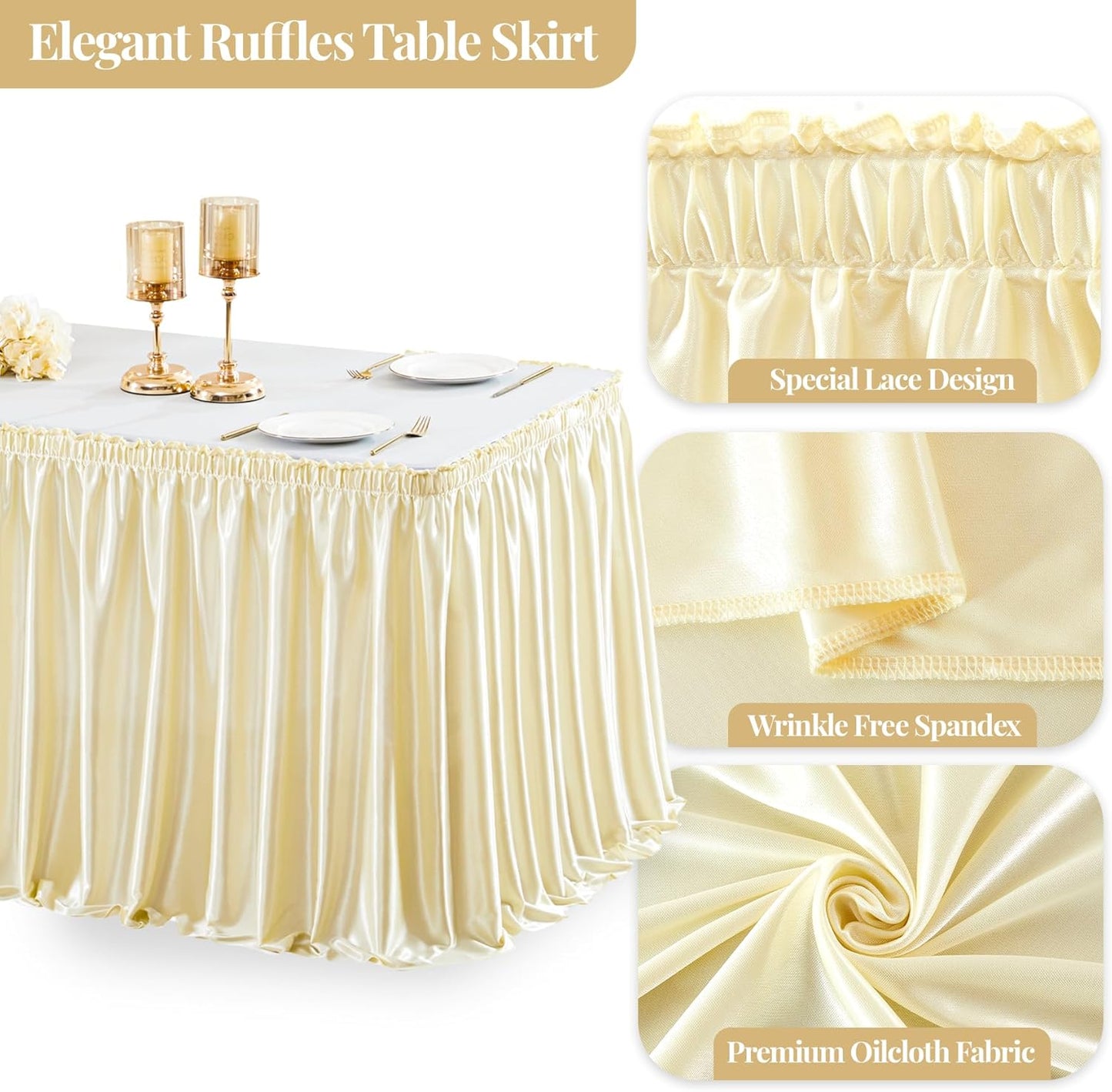 Wish Care 9ft Champagne Satin Table Skirt for Rectangle Tables Wrinkle Free Glitter Desk Skirts Pleated Ruffle Tablecloth for Wedding Birthday Baby Bridal Shower Party Cake Table Skirting Decorations