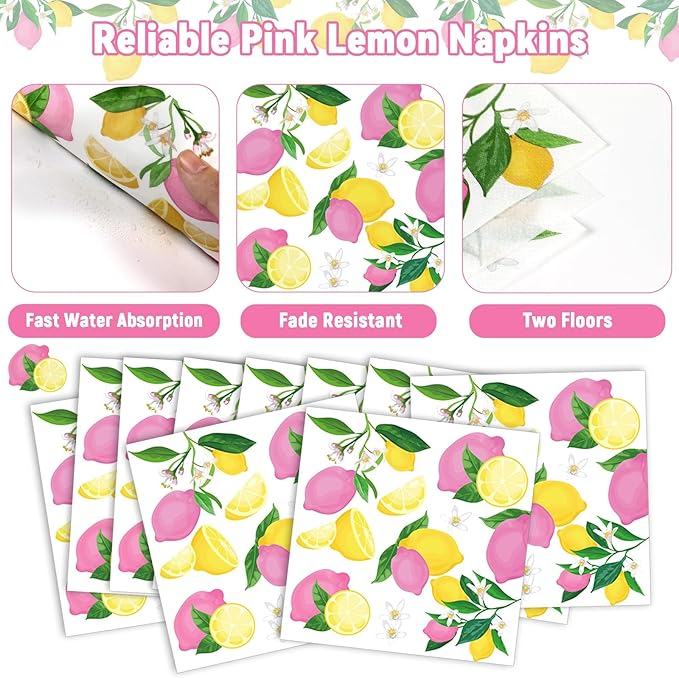 OBUSATT 96Pcs Pink Lemon Party Supplies Lemon Paper Plates Napkins Lemons Summer Party Decorations Pink Lemonade Dinnerware Party Favor Birthday Party Picnic HomeTableware Serves 24