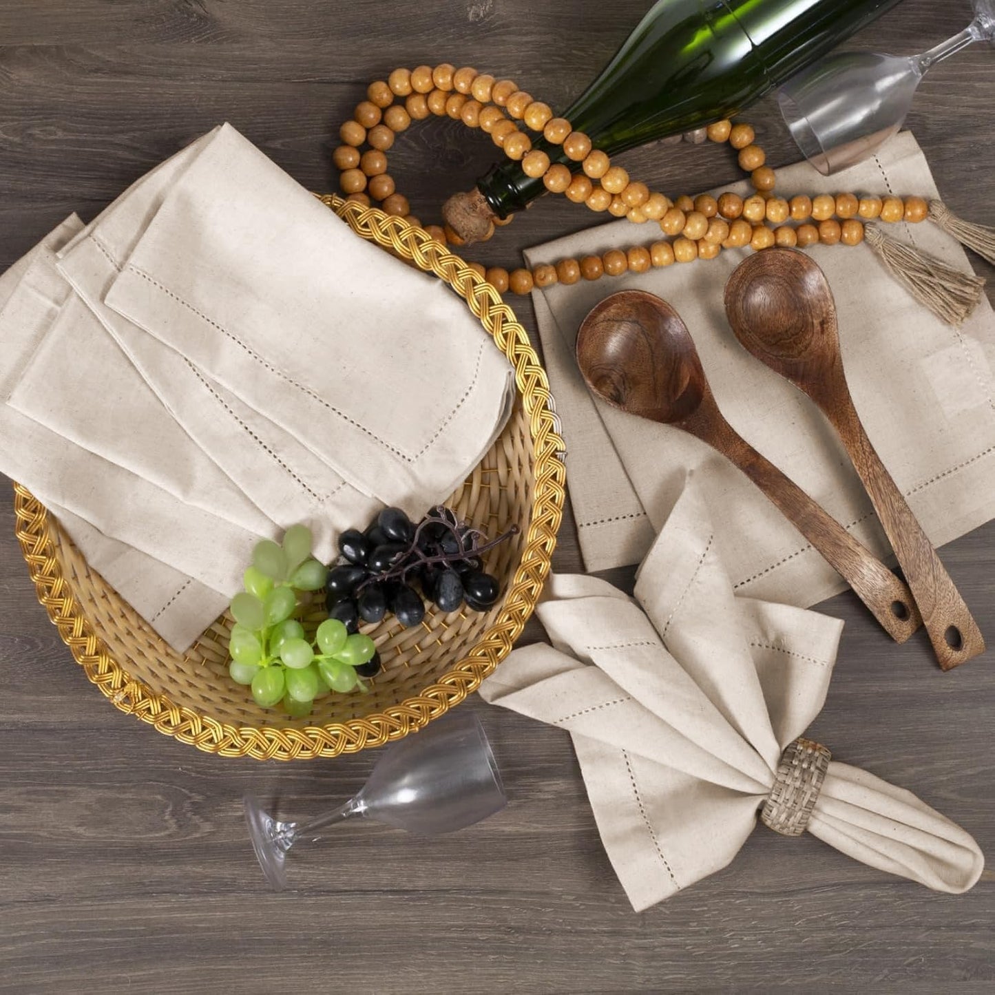 Bedding Craft Linen Flax Cotton Cloth Dinner Napkins Set of 12 – 18x18 Natural Fabric with Hemstitched Mitered Corners – Machine Washable Wedding, Cocktail & Party Table Napkins