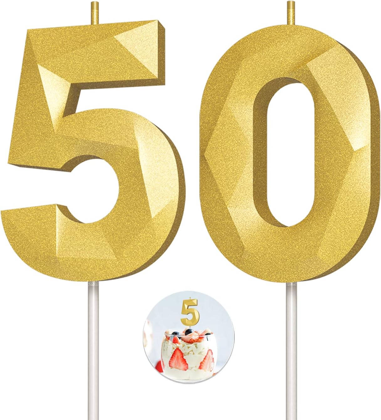 Number Birthday Candles(50 Candle Gold) 3D Diamond Shape Number Happy Birthday Cake Candles for Birthday Party Wedding Decoration Reunions Theme Party
