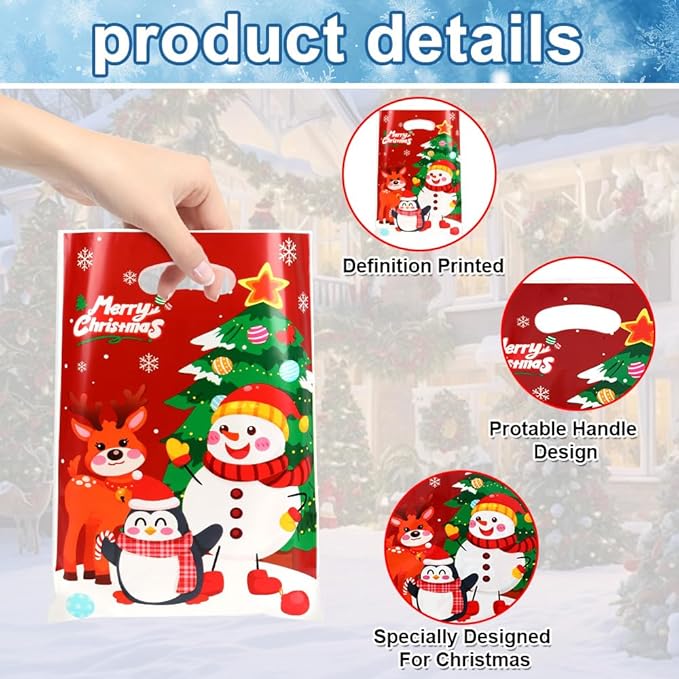 Christmas Gift Bags with Handles, 50Pcs Small Christmas Treat Bags Bulk Plastic Goodie Bag for kids, Snowman Santa Claus Candy Cookie Snacks Party Favor Bag for Xmas Holiday Party Decoration Supplies